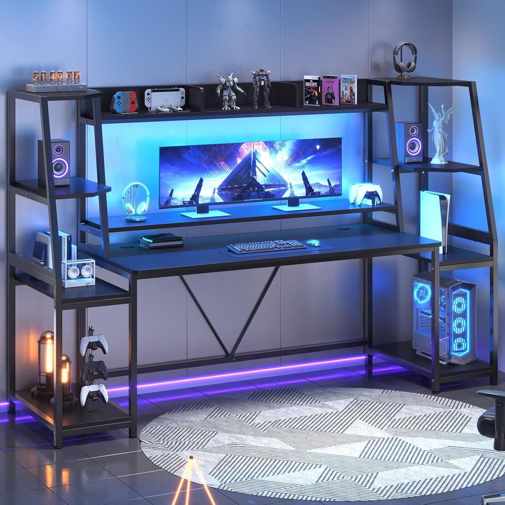 Gaming Desk With Hutch - 79'' Gaming Desk with LED Lights,