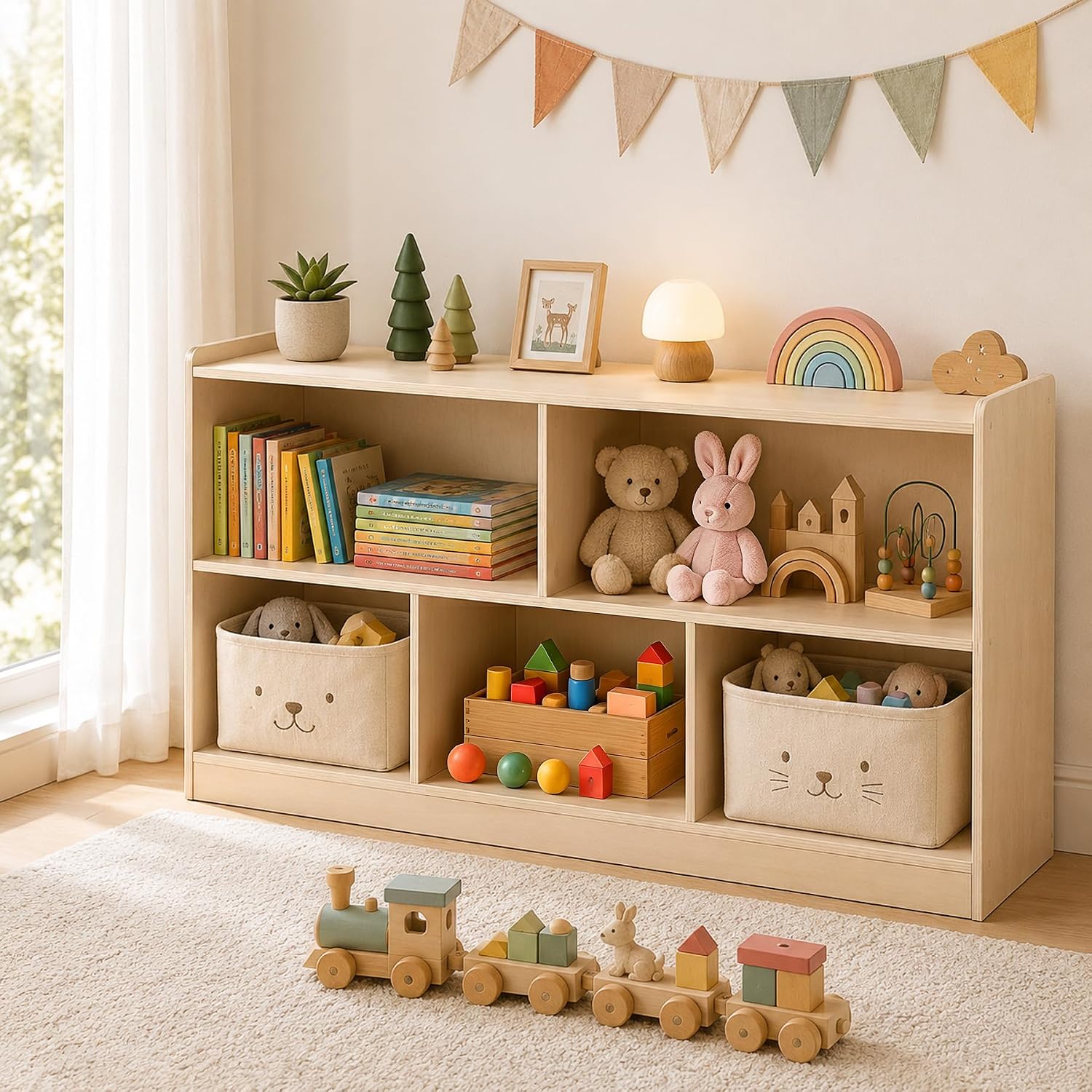 Bookshelf 5 Tier - Wooden 5-Section Montessori Toddler Cabinet with