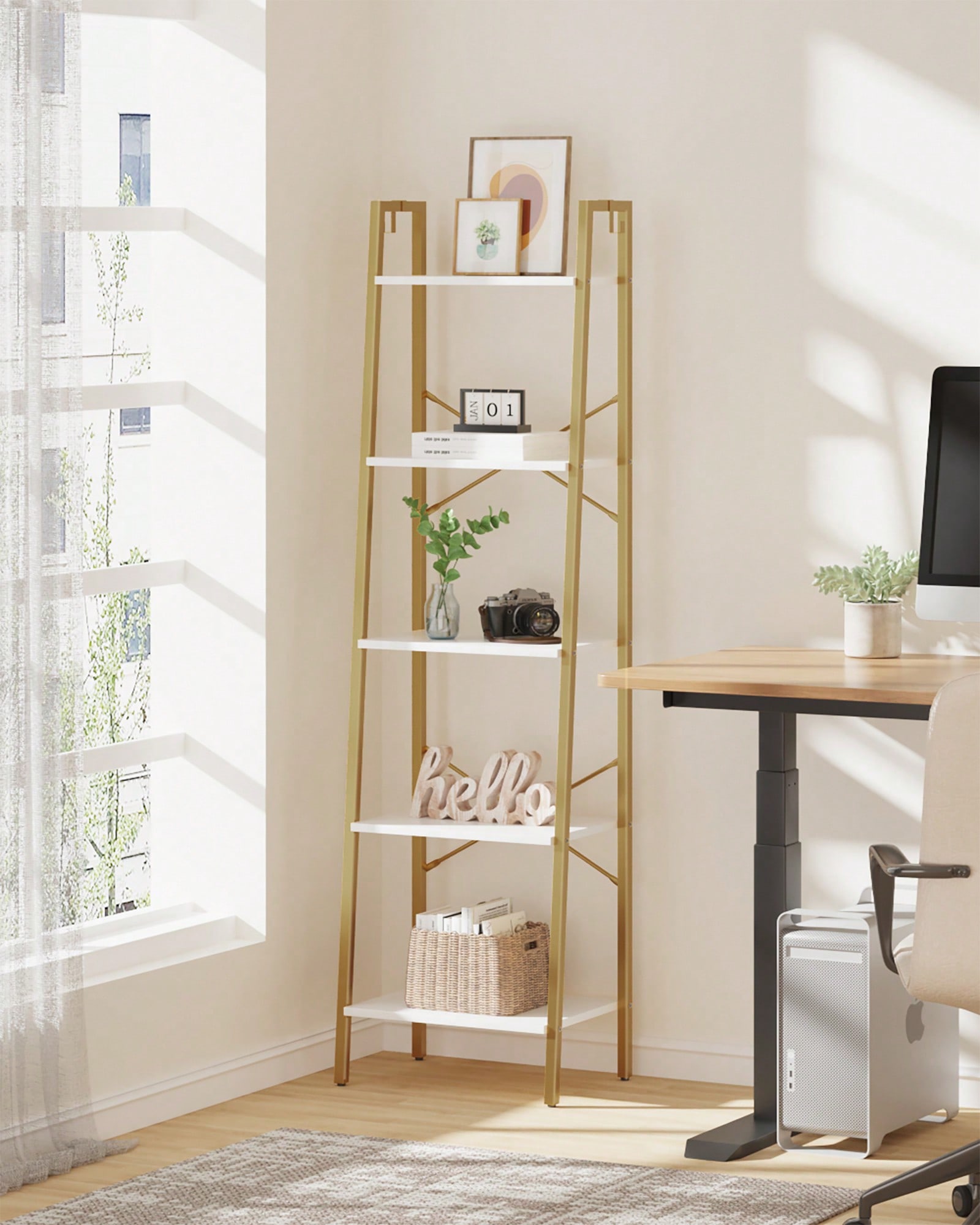 Bookshelf 5 Tier - 5 Tier Ladder Shelf Modern Glam