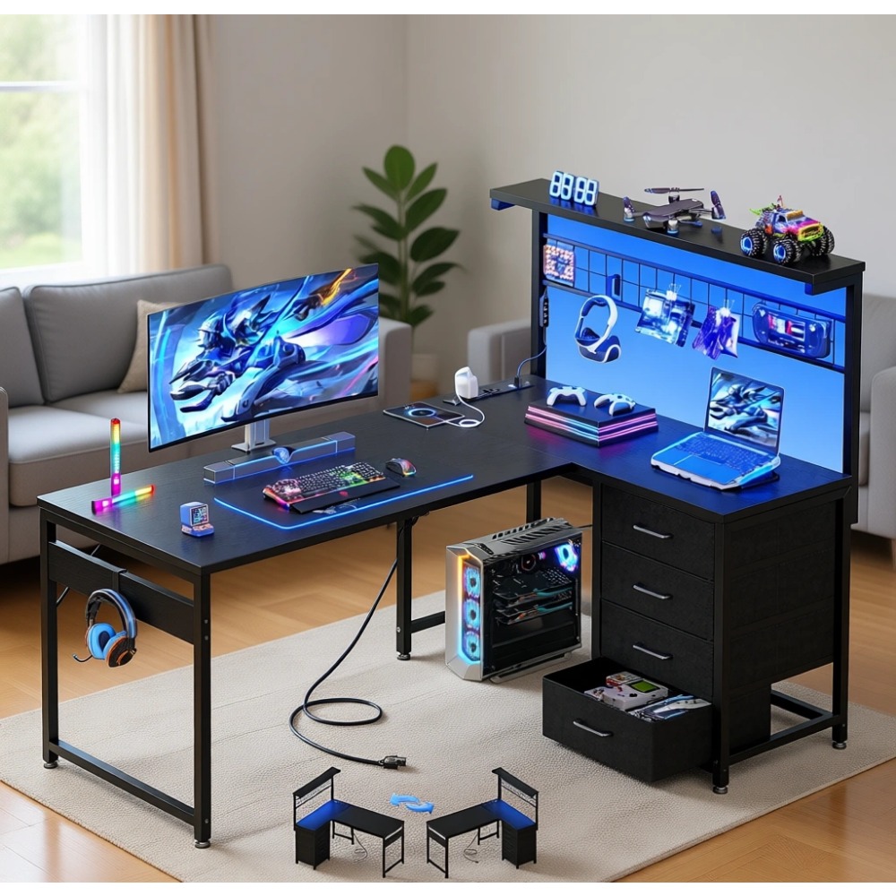L Shaped Gaming Desk with Shel - Gaming Desk With Hutch 评论和价格