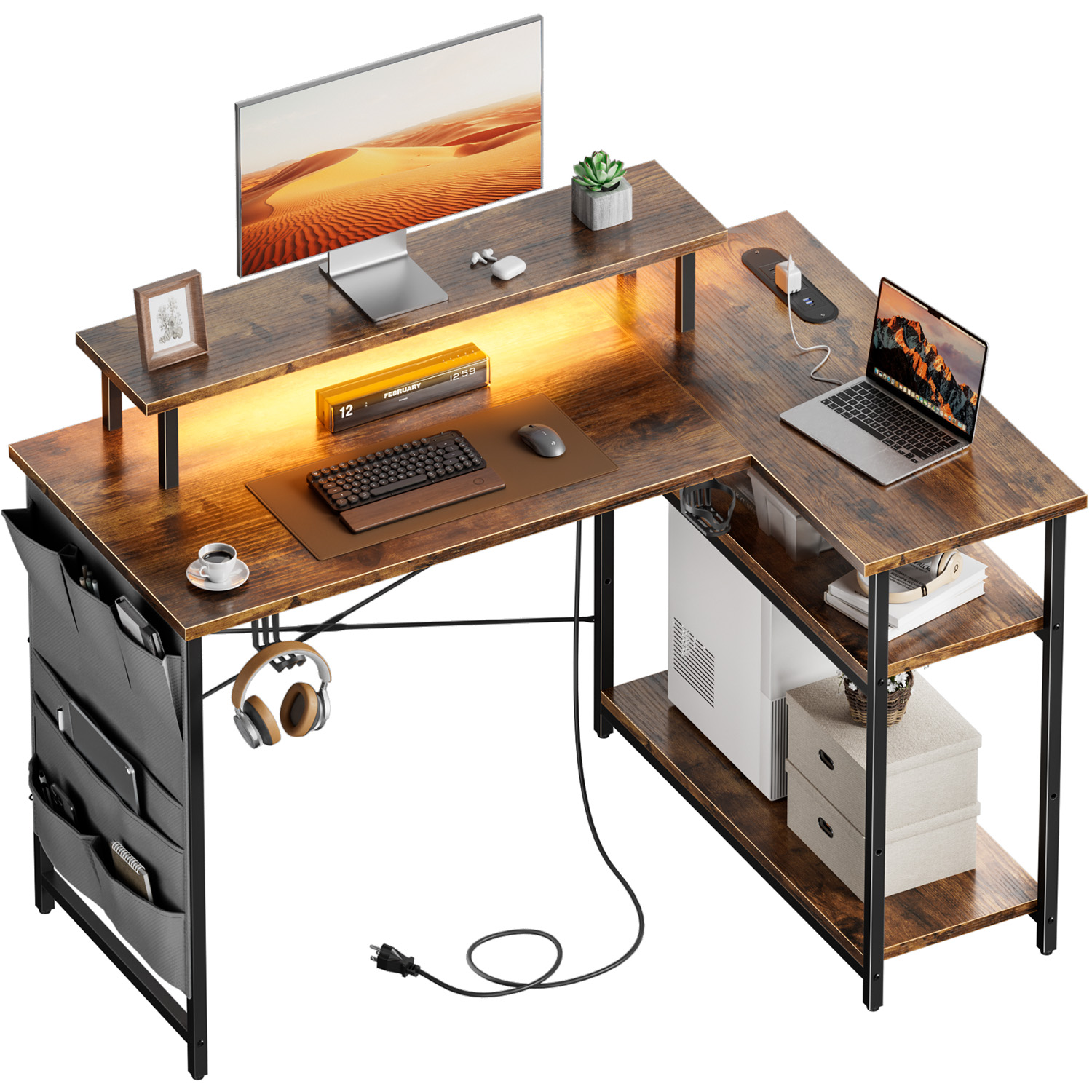 L-Shaped Computer Desk, Featur - Gaming Desk With Hutch 评论和价格
