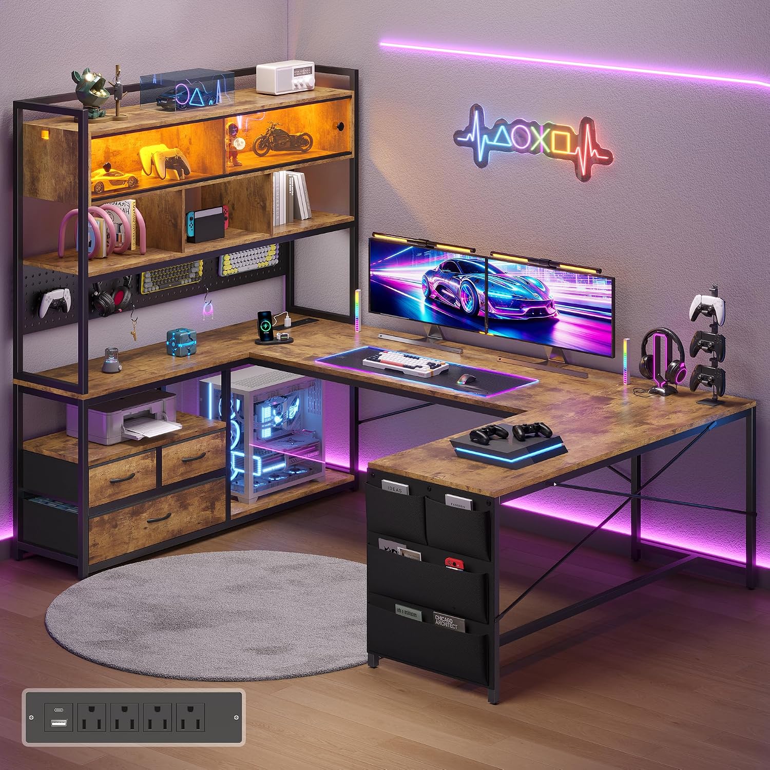 U-Shaped Gaming Desk with Shel - Gaming Desk With Hutch 评论和价格