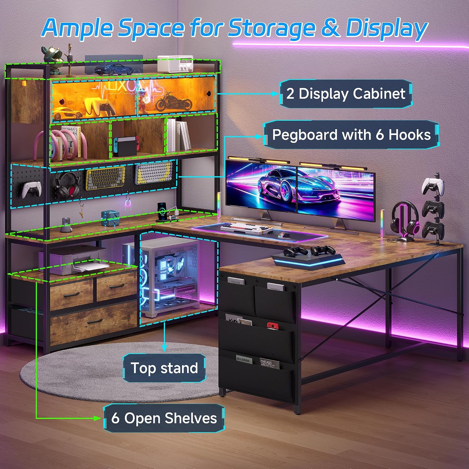 U-Shaped Gaming Desk with Shel - Gaming Desk With Hutch 评论和价格
